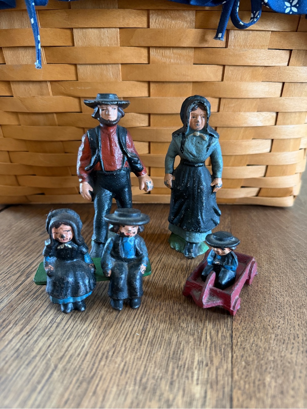 Vintage Blue, Black and Red Amish Family Figurine Set